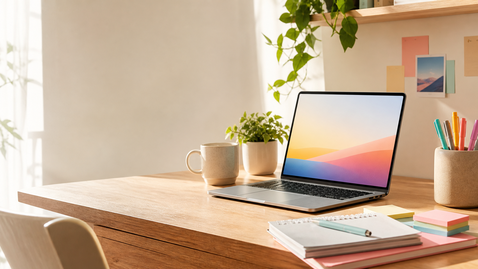 A calm desk with a laptop, notebook, and art supplies.